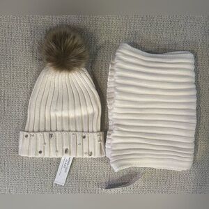 VENUS Cream Ribbed Knit Hat W/Pom-Pom And Scarf Set NEW💗